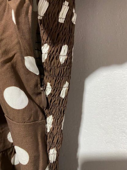 HAZEL&FOLK|L|BUST 17|LOCKLIN BROWN AND WHITE POLKA DOT MIDI DRESS