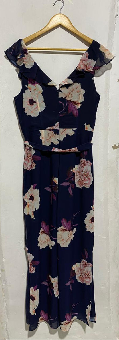 PORTMANS SIGNATURE|L|BUST 19|NAVY BLUE FLORAL PRINT WIDE-LEG JUMPSUIT
