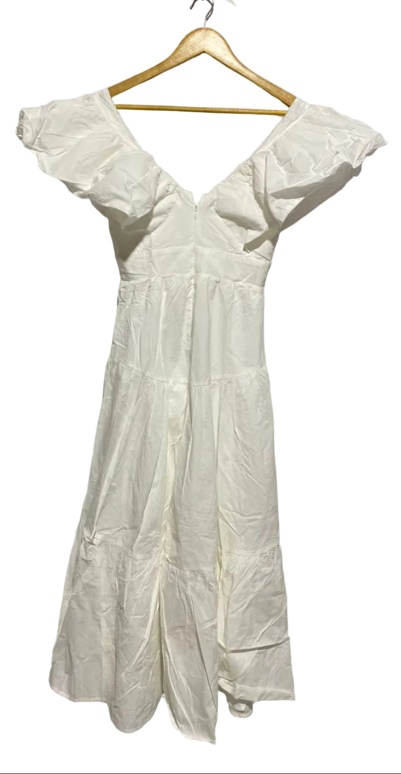 BILLY J |S|BUST 16|WHITE RUFFLED V-NECK MIDI DRESS