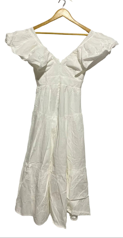 BILLY J |S|BUST 16|WHITE RUFFLED V-NECK MIDI DRESS