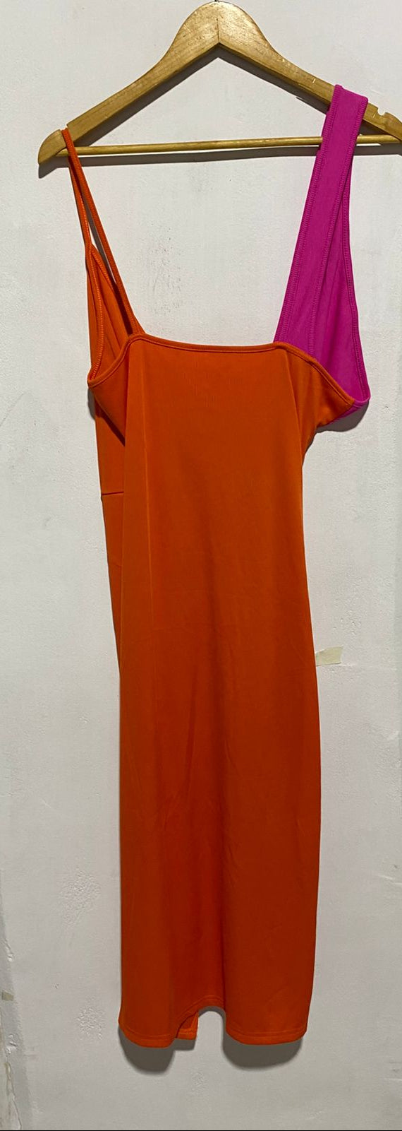TWO-TONE PINK AND ORANGE ASYMMETRIC RUCHED DRESS|M|BUST 17