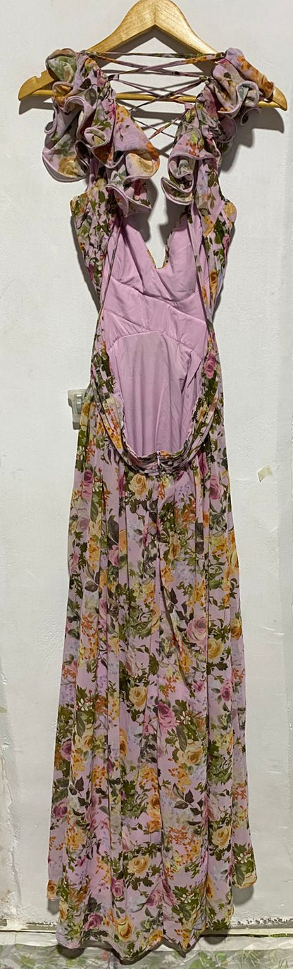 SHEIN VCAY|L|BUST 15|FLORAL PRINT CROSS-BACK RUFFLE MAXI DRESS