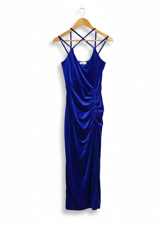QUIZ|M|BUST 15|ROYAL BLUE BELLE SOLID DRAWSTRING RUCHED VELVET DRESS