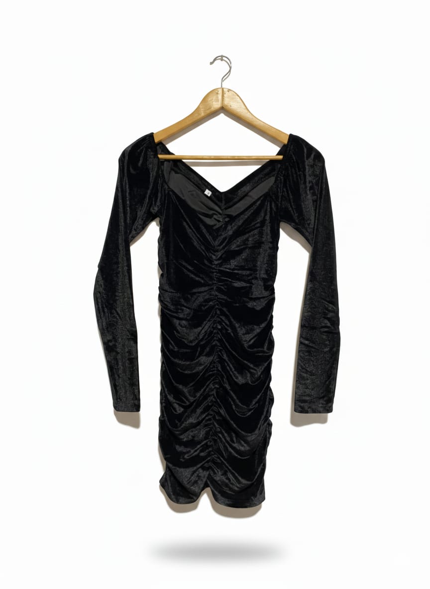SHEIN|S/M|BUST 14|BLACK VELVET RUCHED BODYCON MINI DRESS