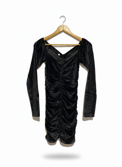 SHEIN|S/M|BUST 14|BLACK VELVET RUCHED BODYCON MINI DRESS