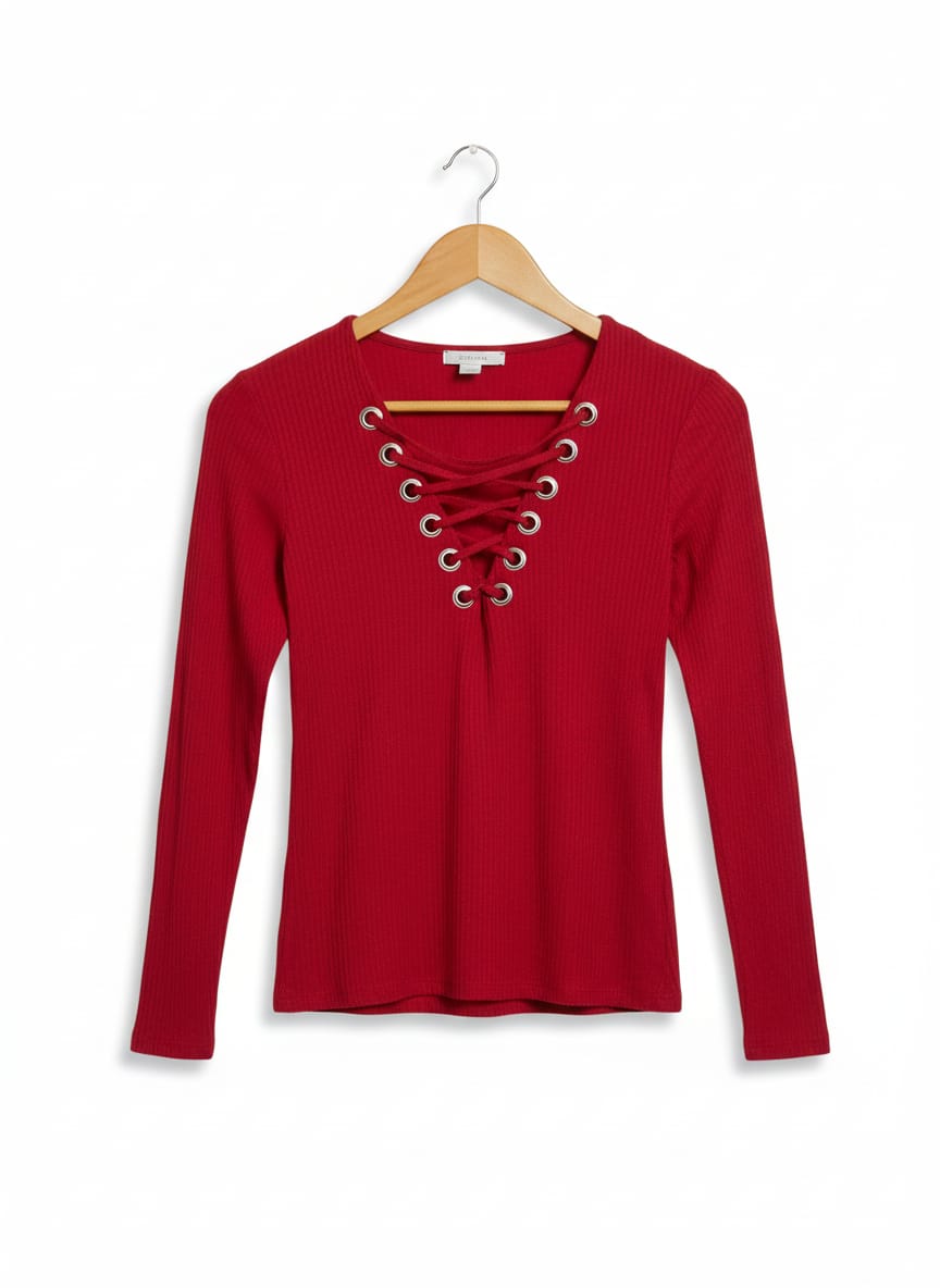 AMISU|S|BUST 16|Red Ribbed Long Sleeve Top