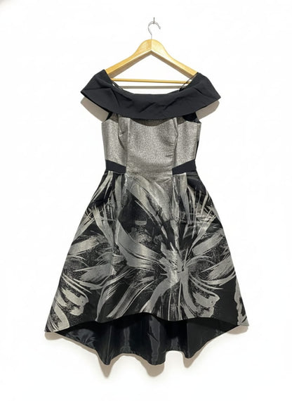 COAST |M|BUST 16|BLACK AND SILVER BARDOT JACQUARD MIDI DRESS