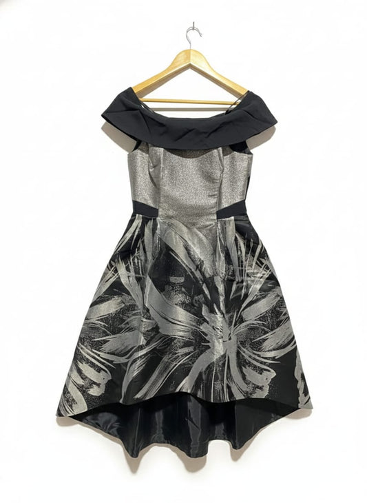 COAST |M|BUST 16|BLACK AND SILVER BARDOT JACQUARD MIDI DRESS