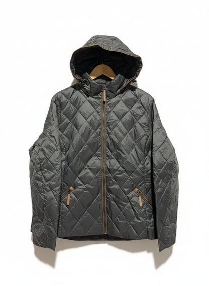 MARK&SPENCER PER UNA|XL|BUST 23|GREY DIAMOND QUILTED HOODED JACKET WITH TAN ACCENTS