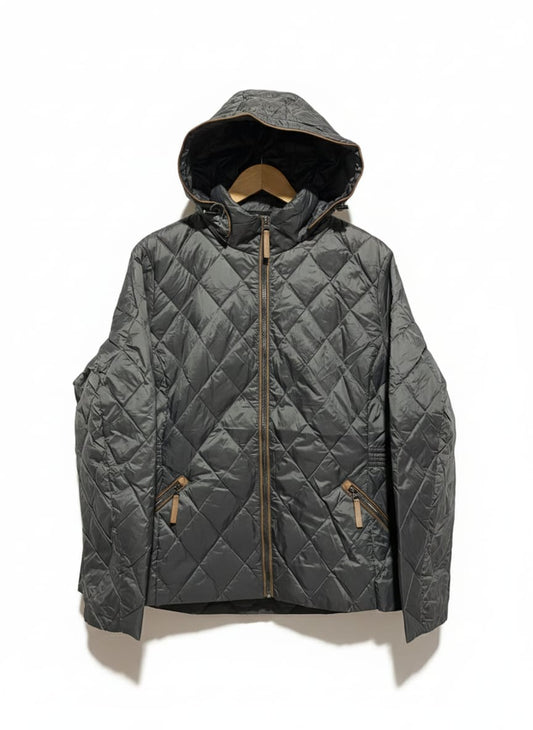 MARK&SPENCER PER UNA|XL|BUST 23|GREY DIAMOND QUILTED HOODED JACKET WITH TAN ACCENTS