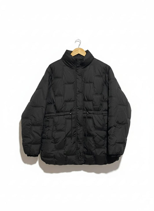 F&F |M|BUST 23|BLACK GEOMETRIC QUILTED OVERSIZED PUFFER JACKET WITH DRAWSTRING WAIST