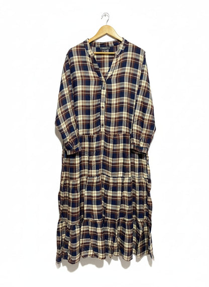 PRIMARK|XL/XXL|BUST 24|NAVY BLUE, MAROON, AND BEIGE PLAID TIERED MIDI DRES