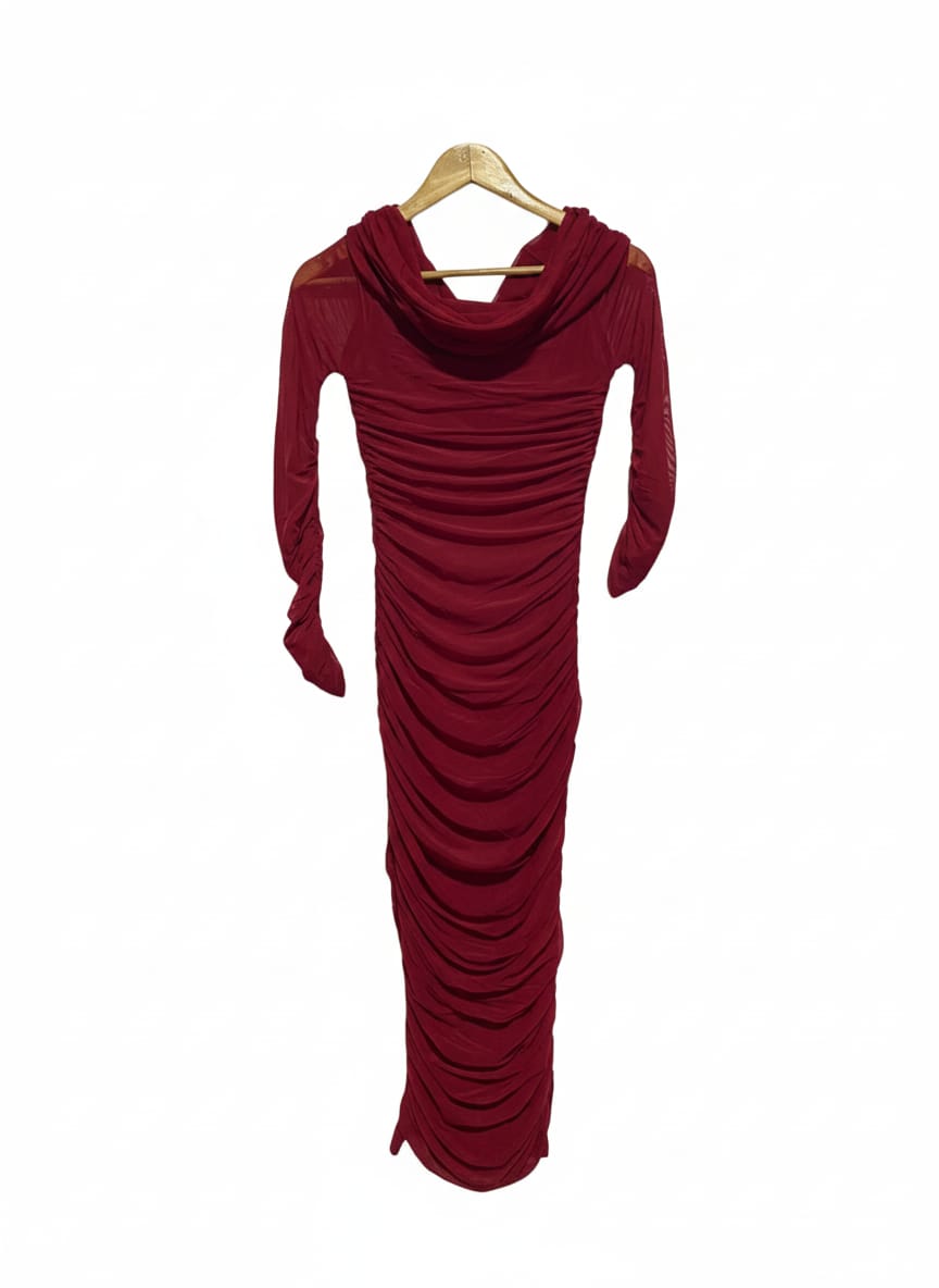 BURGUNDY RUCHED MESH HIGH-NECK BODYCON MIDI DRESS|SMALL|BUST 14