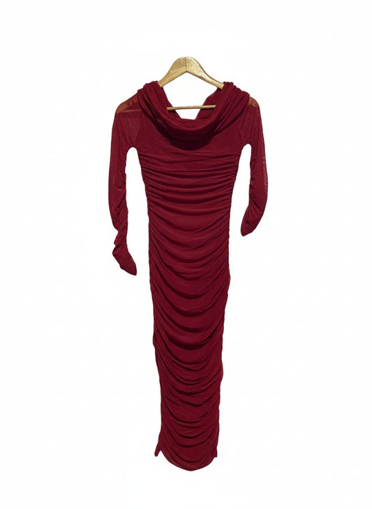 BURGUNDY RUCHED MESH HIGH-NECK BODYCON MIDI DRESS|SMALL|BUST 14