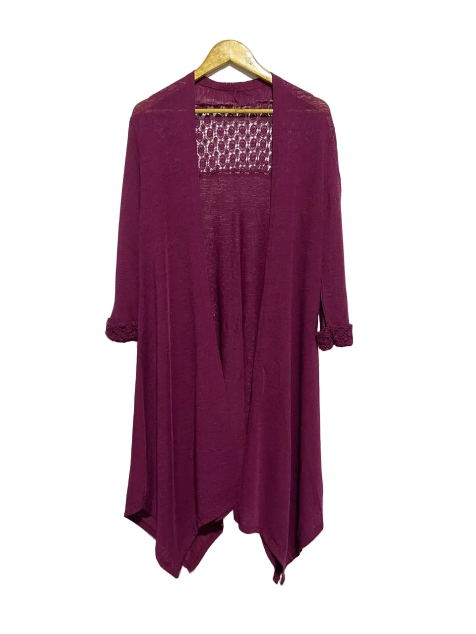 ROSA VIOLA|S/M|BUST 18|MAROON ASYMMETRIC DUSTER CARDIGAN WITH CROCHET LACE BACK PANEL AND CUFFS