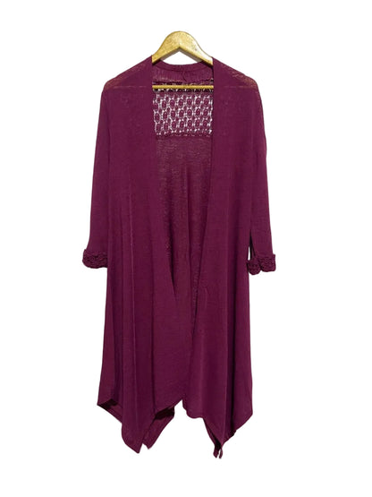 ROSA VIOLA|S/M|BUST 18|MAROON ASYMMETRIC DUSTER CARDIGAN WITH CROCHET LACE BACK PANEL AND CUFFS