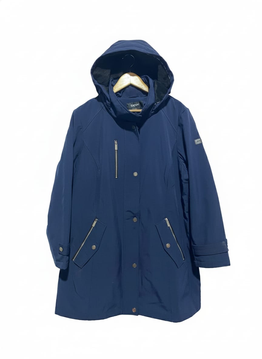 DKNY|XL|BUST 24|NAVY BLUE WATER-RESISTANT HOODED ANORAK COAT