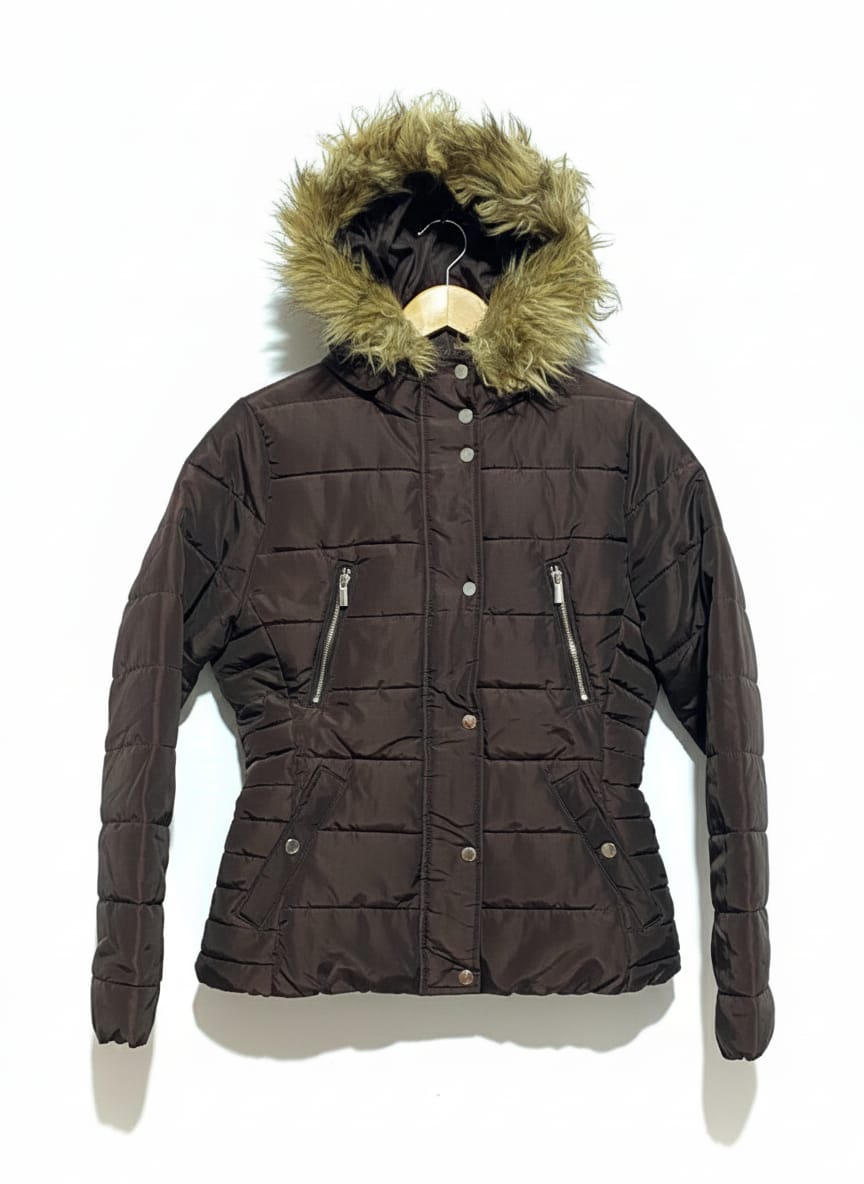 H&M| M| BUST 21|Women's Brown Puffer Jacket with Faux Fur Hood