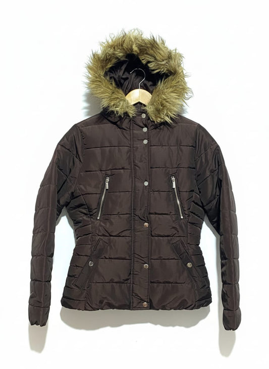 H&M| M| BUST 21|Women's Brown Puffer Jacket with Faux Fur Hood