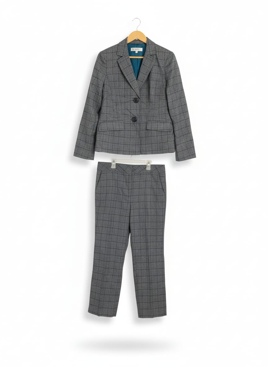 KASPER|MEDIUM|GREY CHECK WOMEN'S SUIT BLAZER AND TROUSERS SET