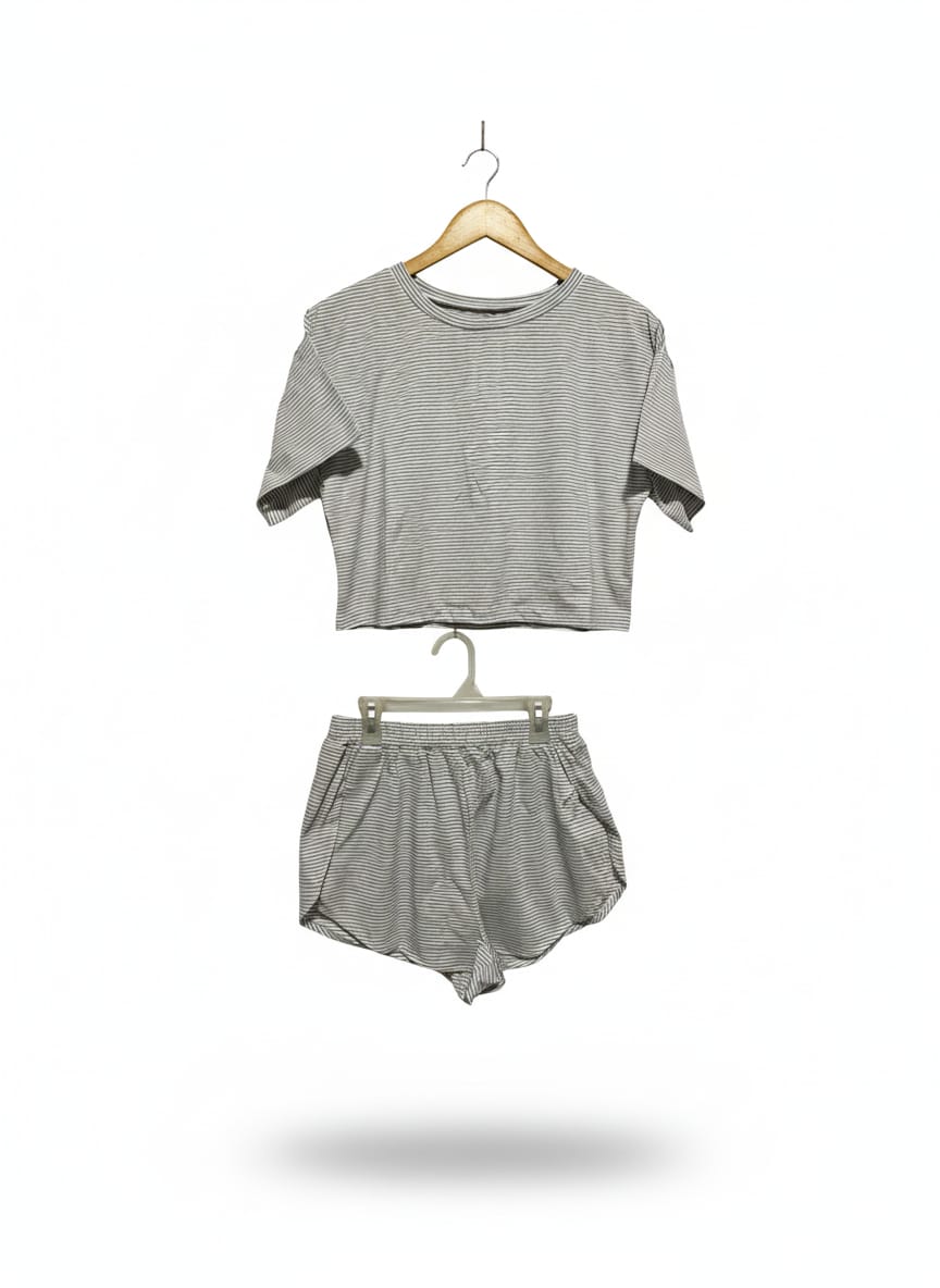 GREY AND WHITE STRIPED CROP TOP AND SHORTS CO-ORD SET|MEDIUM