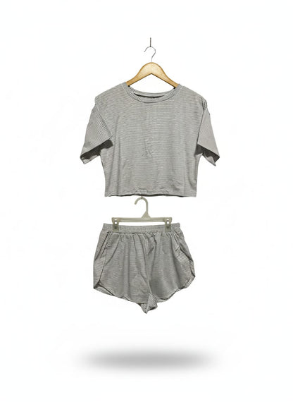 GREY AND WHITE STRIPED CROP TOP AND SHORTS CO-ORD SET|MEDIUM