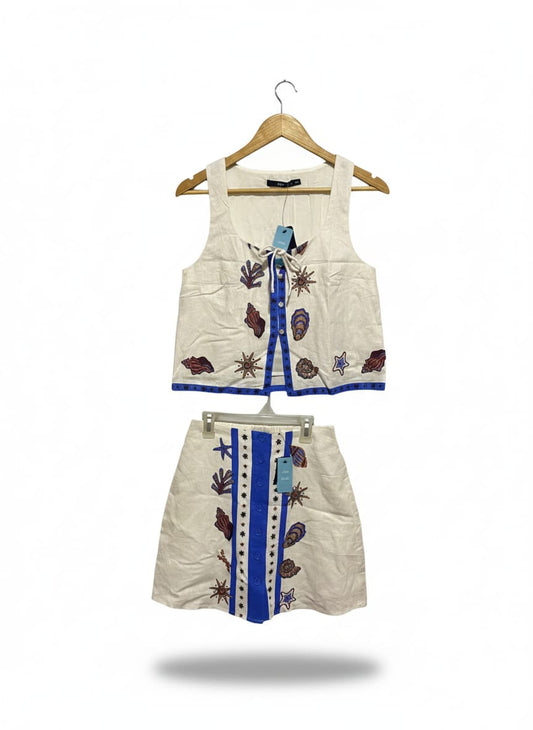 SPORTS GIRL|SMALL|White 2pc Linen Blend Embroidered Seashell Top and Skirt Set