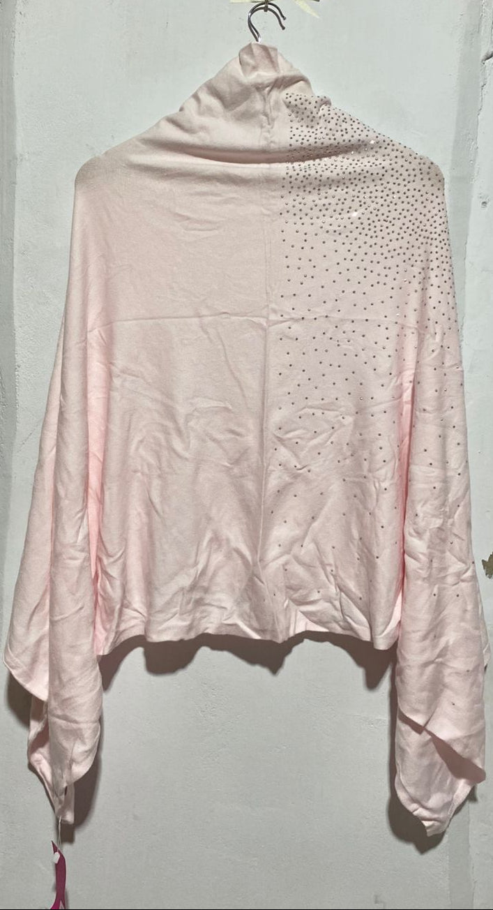 KRIS ANA|FREE SIZE |LIGHT PINK RHINESTONE EMBELLISHED ASYMMETRIC PONCHO