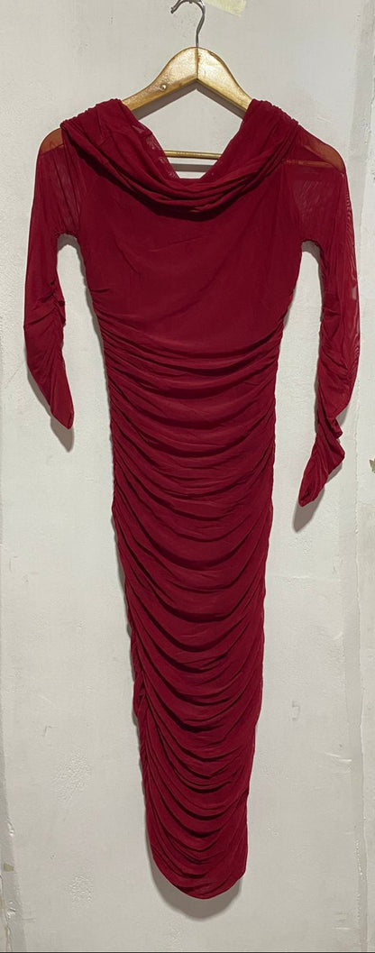 BURGUNDY RUCHED MESH HIGH-NECK BODYCON MIDI DRESS|SMALL|BUST 14