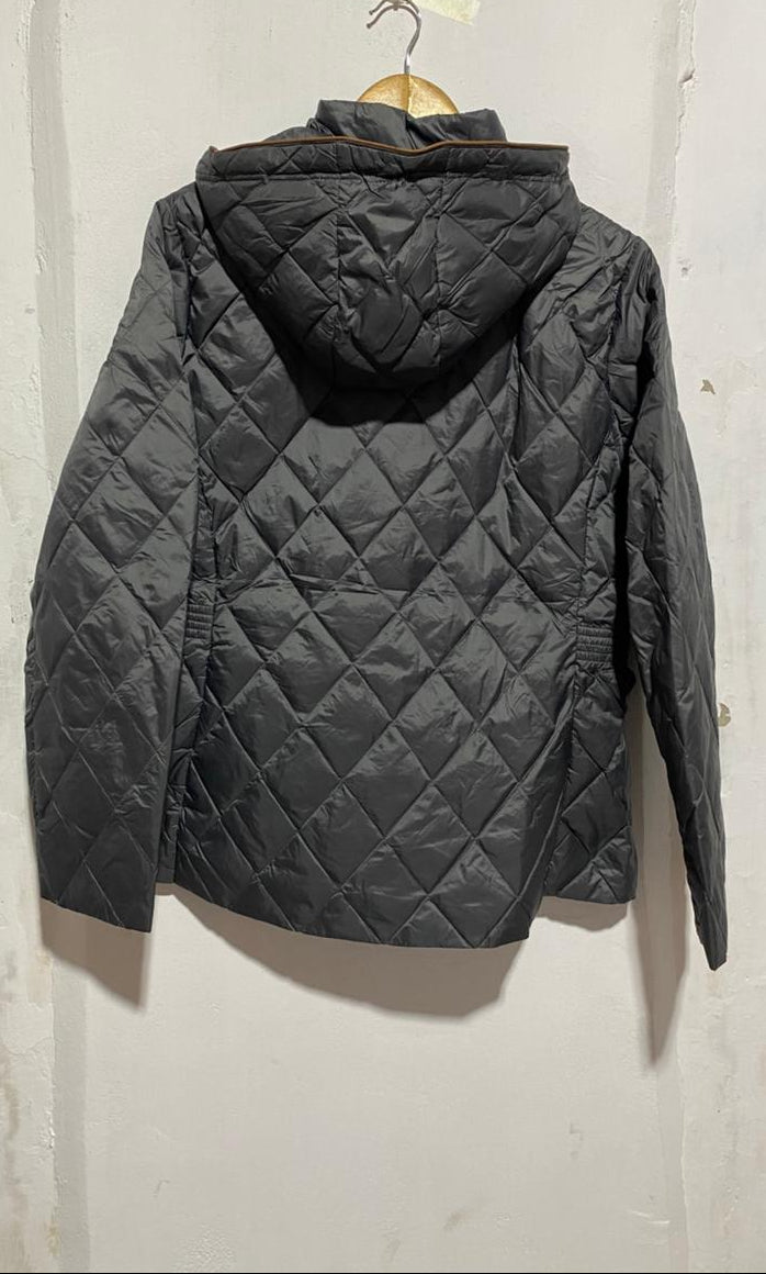 MARK&SPENCER PER UNA|XL|BUST 23|GREY DIAMOND QUILTED HOODED JACKET WITH TAN ACCENTS