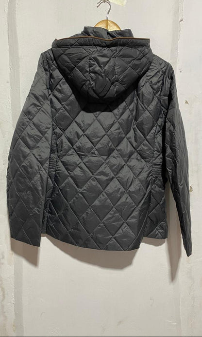 MARK&SPENCER PER UNA|XL|BUST 23|GREY DIAMOND QUILTED HOODED JACKET WITH TAN ACCENTS