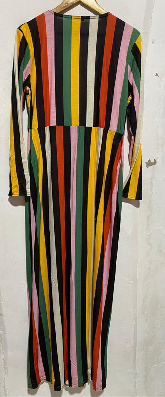 BOOHOO | XL|BUST 20|MULTI-COLOR VERTICAL STRIPED DEEP V-NECK MIDI DRESS