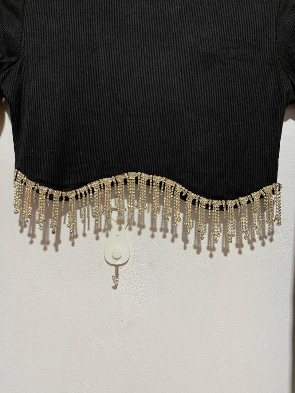 BLACK LONG SLEEVE CROP TOP WITH RHINESTONE FRINGE|M|BUST 15