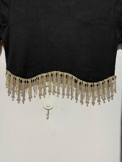 BLACK LONG SLEEVE CROP TOP WITH RHINESTONE FRINGE|M|BUST 15