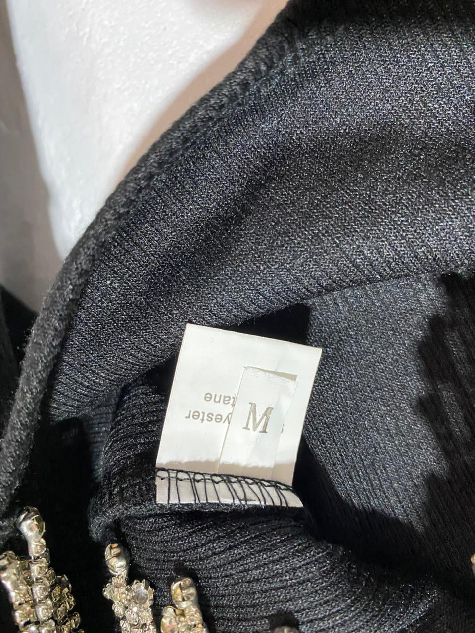 BLACK LONG SLEEVE CROP TOP WITH RHINESTONE FRINGE|M|BUST 15