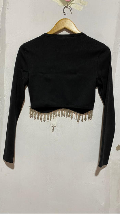 BLACK LONG SLEEVE CROP TOP WITH RHINESTONE FRINGE|M|BUST 15