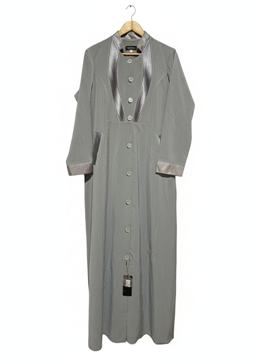 A.KISSA FASHION|XL|BUST 23| Grey Coat-Style Abaya or Long Maxi Dress With Satin