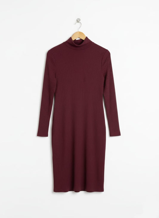 I SAW IT FIRST|L|BUST 17|  Burgundy Ribbed-Knit Turtleneck Midi Dress