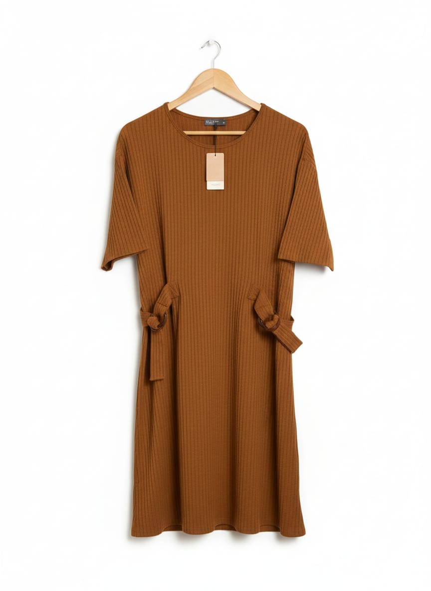 PAPAYA WOMAN|L/XL|BUST 23|Brown Belted Ribbed-Knit Midi Dress