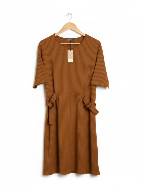 PAPAYA WOMAN|L/XL|BUST 23|Brown Belted Ribbed-Knit Midi Dress