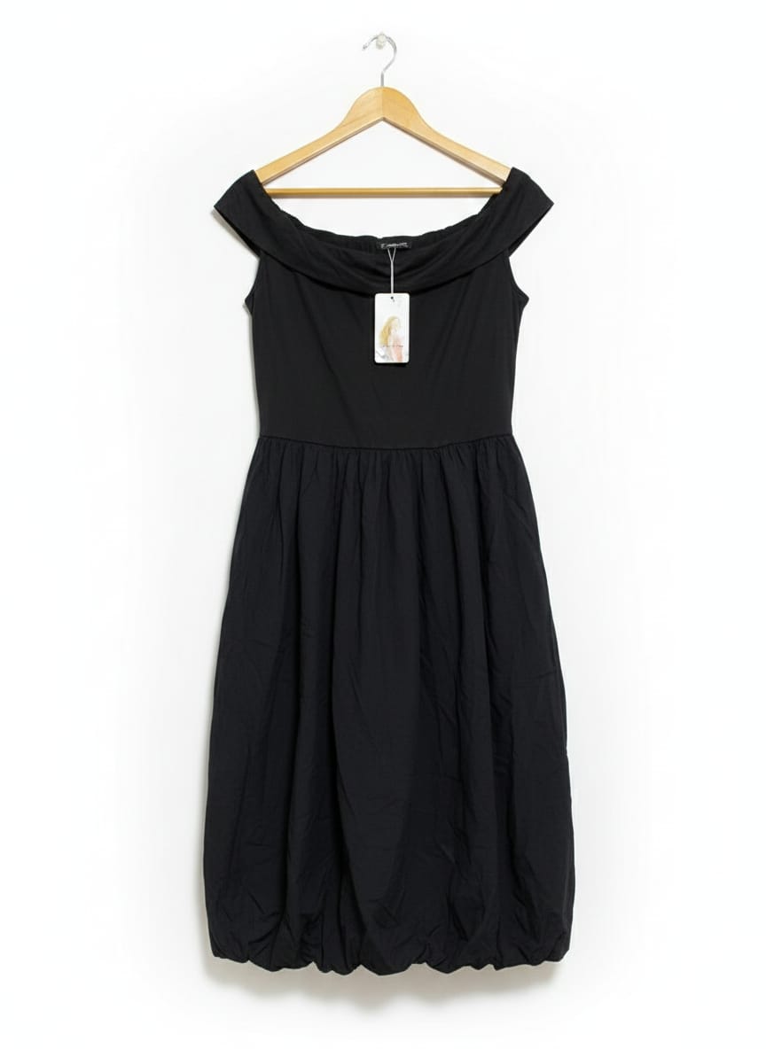 PRETTY GARDEN|XL|BUST |Black Off-the-Shoulder Bubble Hem Midi Dress