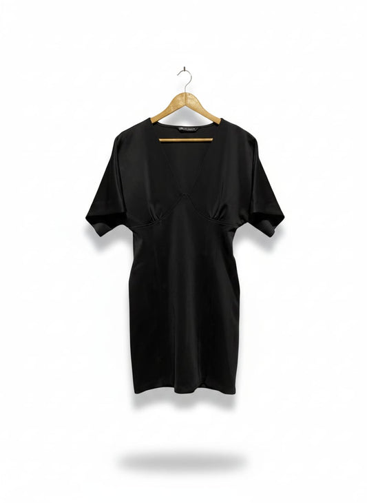 ZARA|XL|BUST 17|Black Satin-Effect Empire Waist Mini Dress