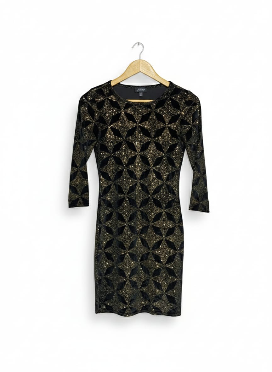 TOP SHOP |S|BUST 15|Star Glitter Black Gold Glitter Bodycon Dress