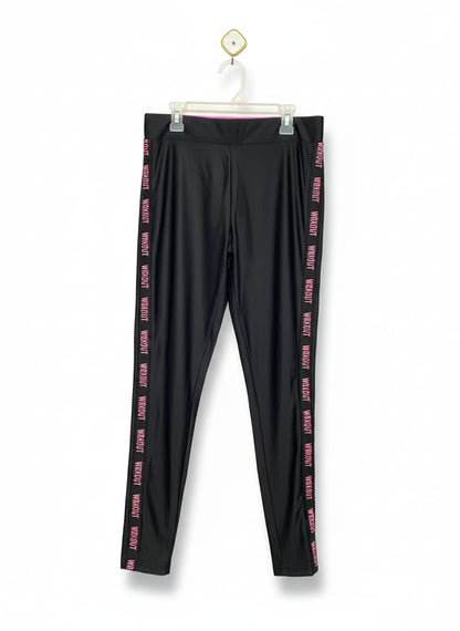 WORKOUT|M/L|WAIST 28|WOMEN'S BLACK HIGH-WAISTED ATHLETIC LEGGINGS WITH PINK WORKOUT LOGO SIDE STRIPES