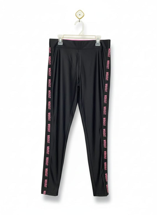 WORKOUT|M/L|WAIST 28|WOMEN'S BLACK HIGH-WAISTED ATHLETIC LEGGINGS WITH PINK WORKOUT LOGO SIDE STRIPES