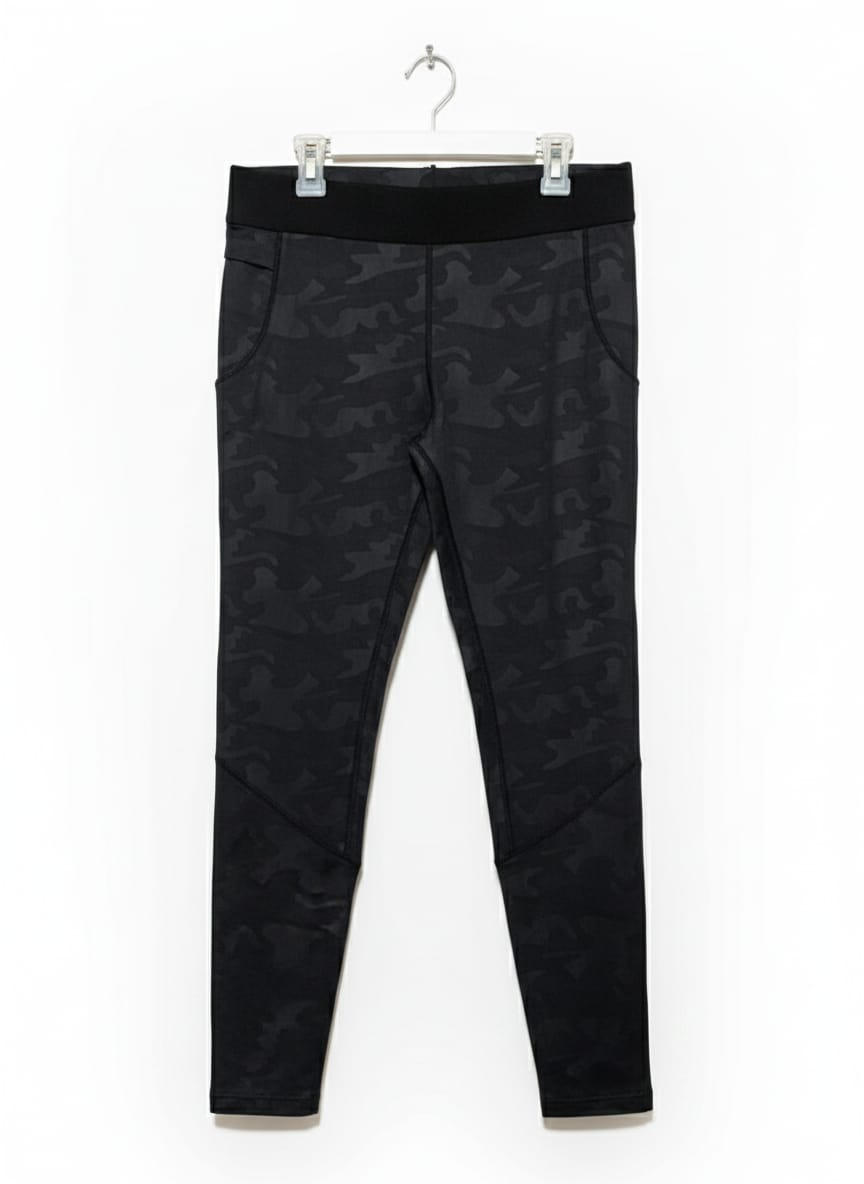 WOMEN'S BLACK CAMOUFLAGE HIGH-WAISTED ATHLETIC LEGGINGS WITH SIDE POCKETS|L|WAIST 30