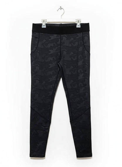 WOMEN'S BLACK CAMOUFLAGE HIGH-WAISTED ATHLETIC LEGGINGS WITH SIDE POCKETS|L|WAIST 30