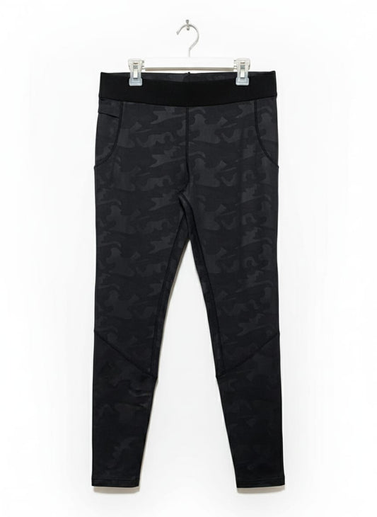 WOMEN'S BLACK CAMOUFLAGE HIGH-WAISTED ATHLETIC LEGGINGS WITH SIDE POCKETS|L|WAIST 30