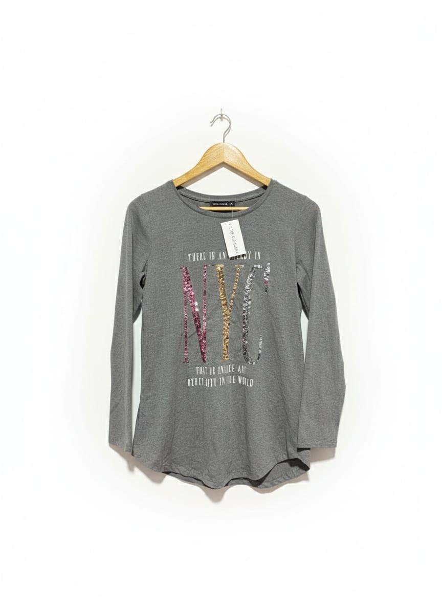 LCW CASUAL|M|BUST 18|GREY LONG SLEEVE "NYC" SEQUINED TOP