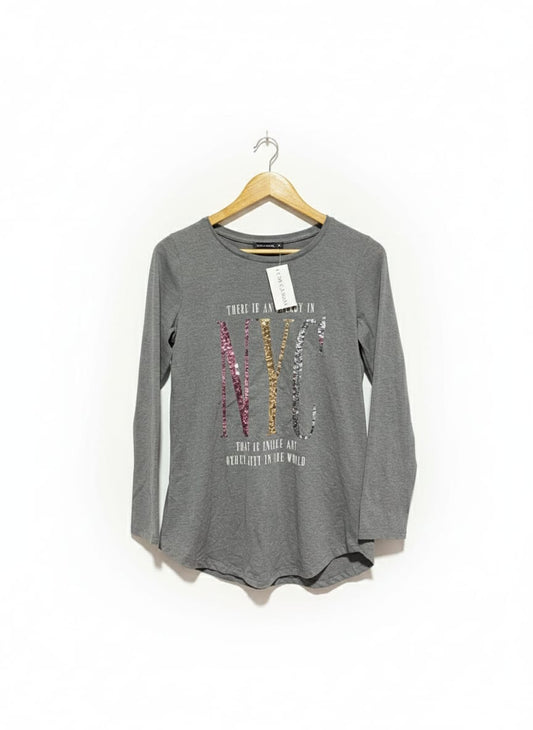 LCW CASUAL|M|BUST 18|GREY LONG SLEEVE "NYC" SEQUINED TOP